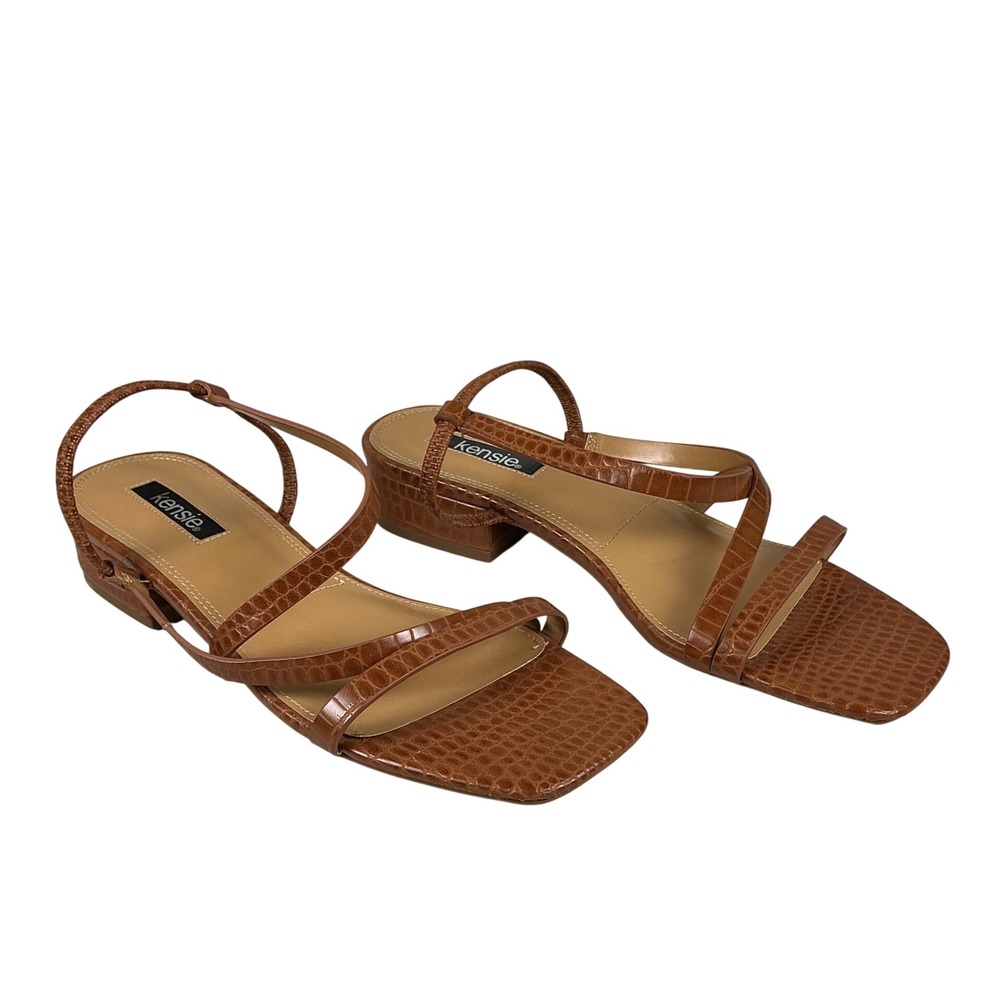 Kensie Cognac Brown Croc Embossed Strappy Square Toe Low Block Heel Sandals 7.5